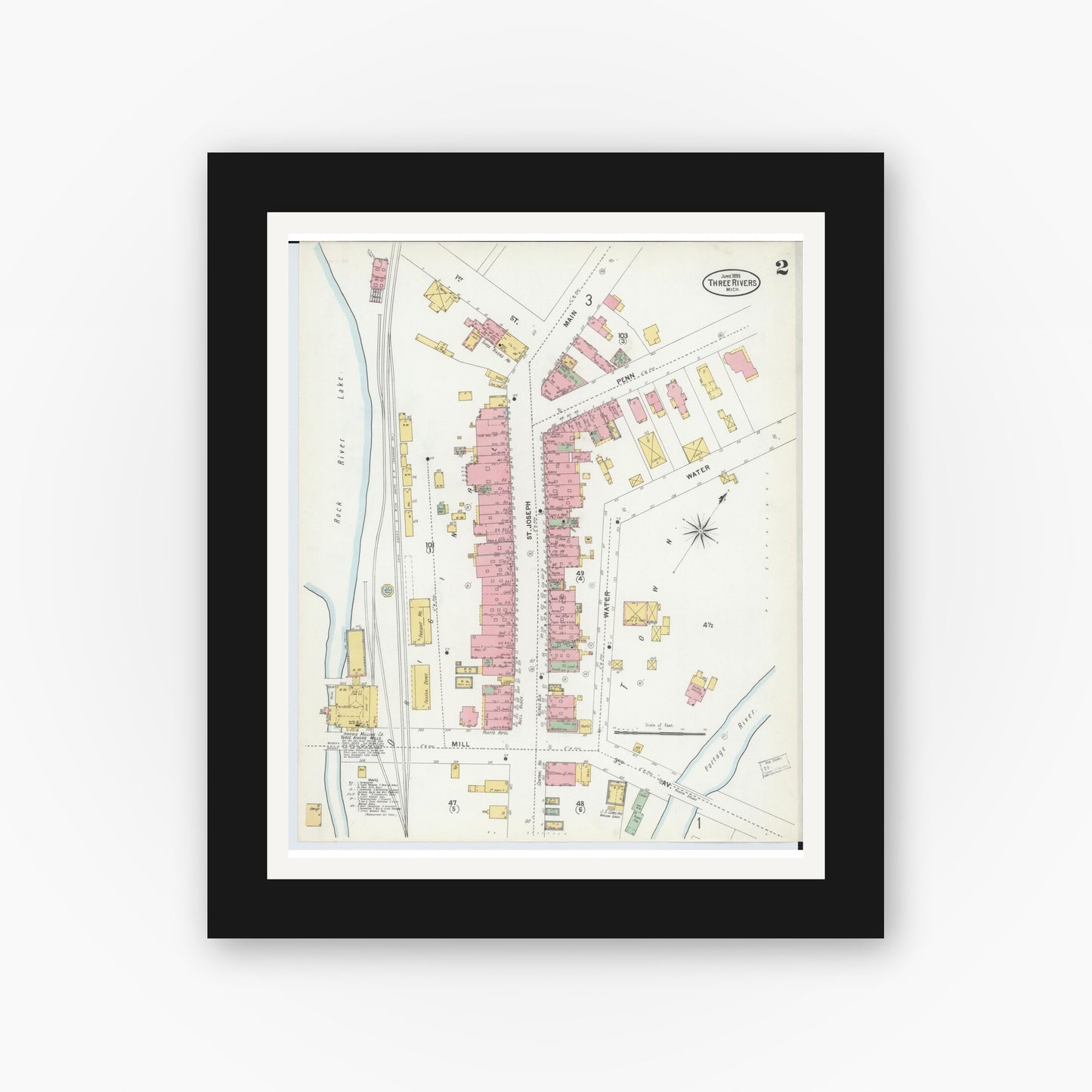Old map wall art mockup — black gallery frame with white mat — Sanborn Fire Insurance Map from Three Rivers, Saint Joseph County, Michigan (1899), Sheet #0002