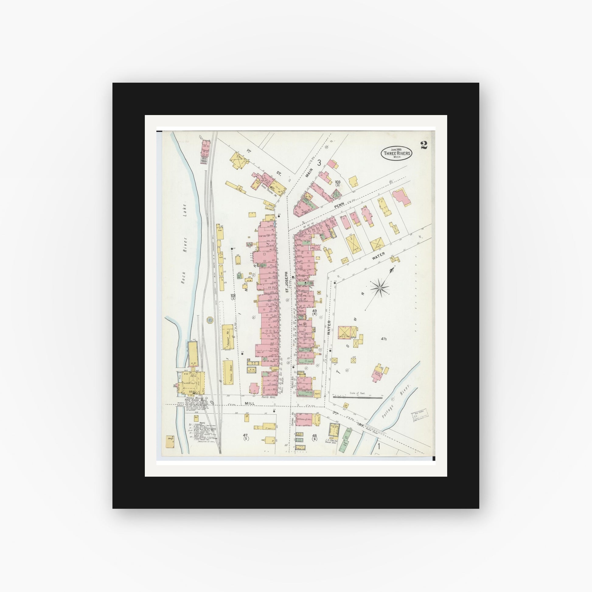Old map wall art mockup — black gallery frame with white mat — Sanborn Fire Insurance Map from Three Rivers, Saint Joseph County, Michigan (1899), Sheet #0002
