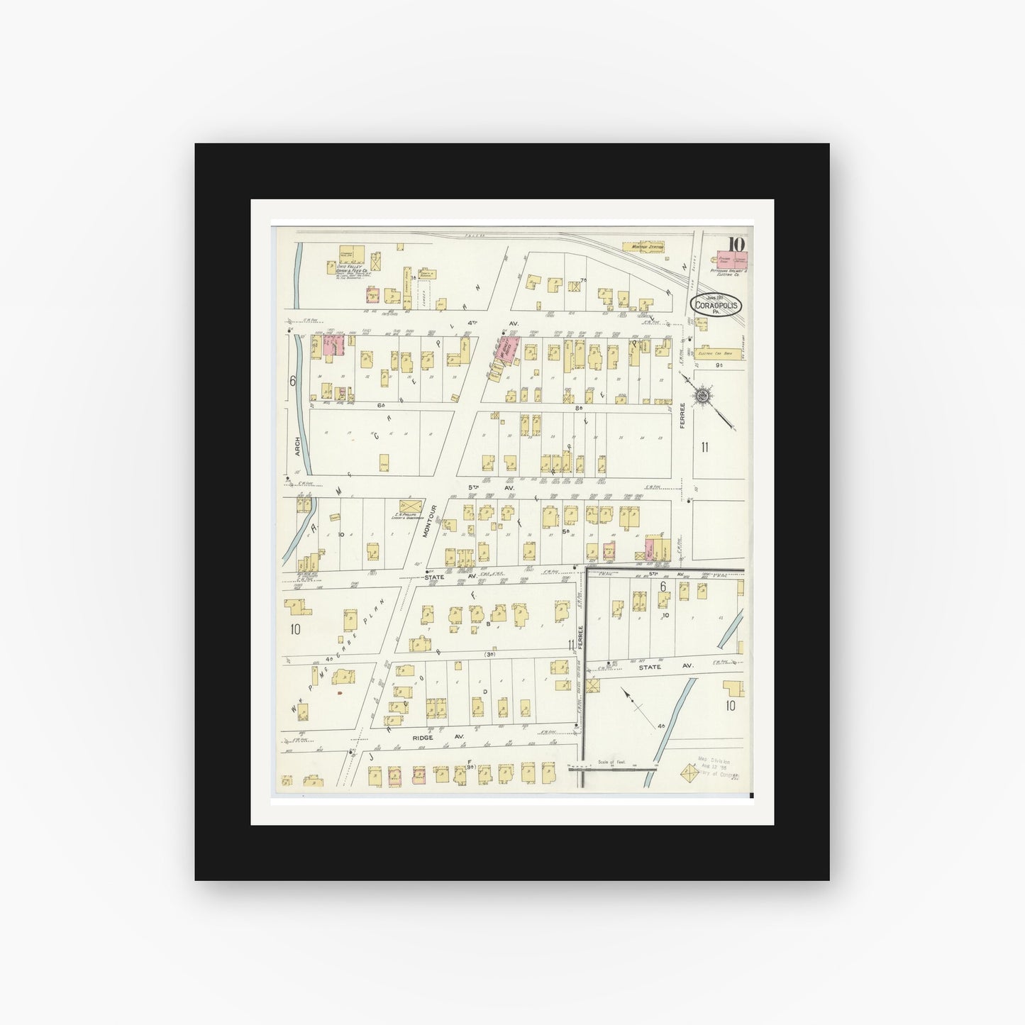 Old map wall art mockup — black gallery frame with white mat — Sanborn Fire Insurance Map from Coraopolis, Allegheny County, Pennsylvania (1911), Sheet #0010