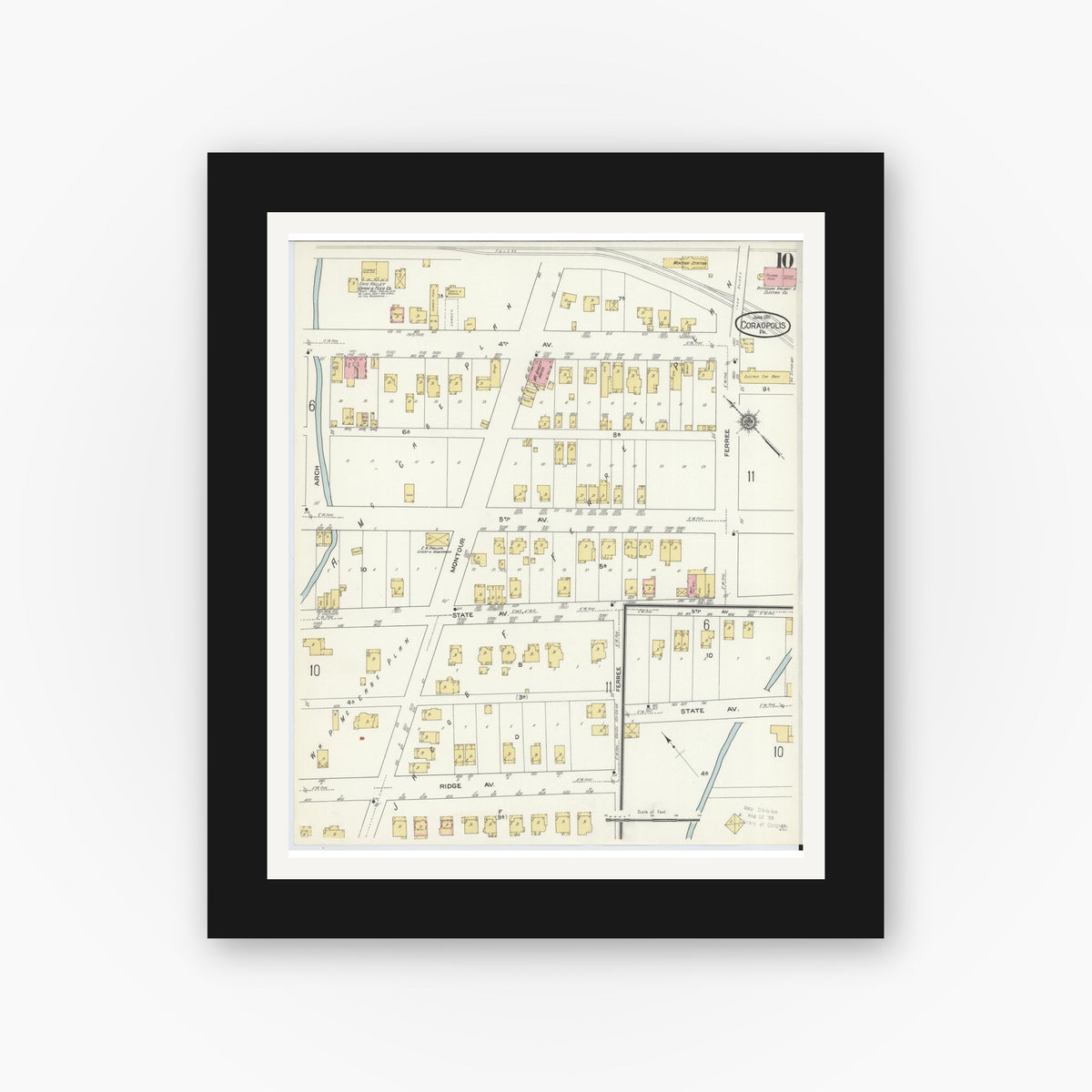 Old map wall art mockup — black gallery frame with white mat — Sanborn Fire Insurance Map from Coraopolis, Allegheny County, Pennsylvania (1911), Sheet #0010