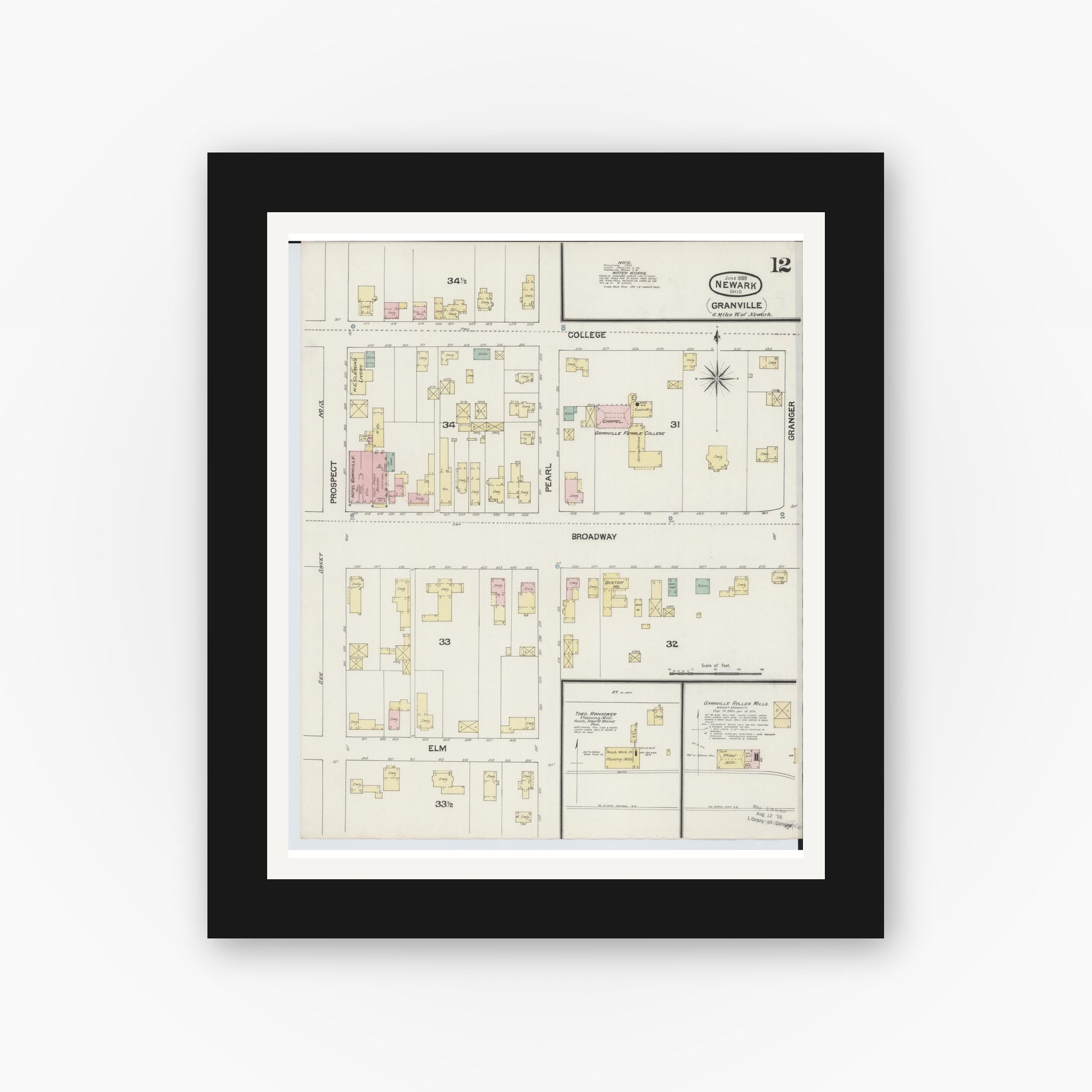Old map wall art mockup — black gallery frame with white mat — Sanborn Fire Insurance Map from Newark, Licking County, Ohio (1889), Sheet #0012