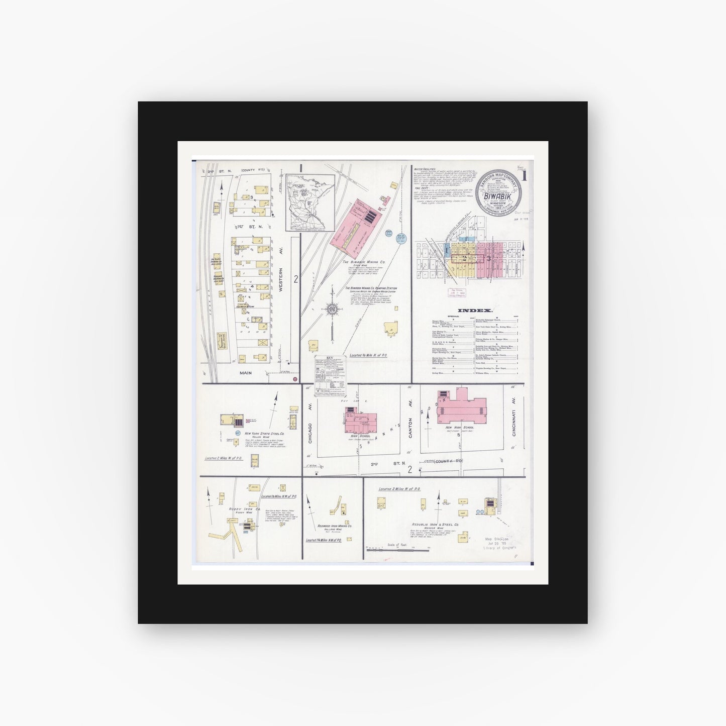 Old map wall art mockup — black gallery frame with white mat — Sanborn Fire Insurance Map from Biwabik, Saint Louis County, Minnesota (1912), Sheet #0001