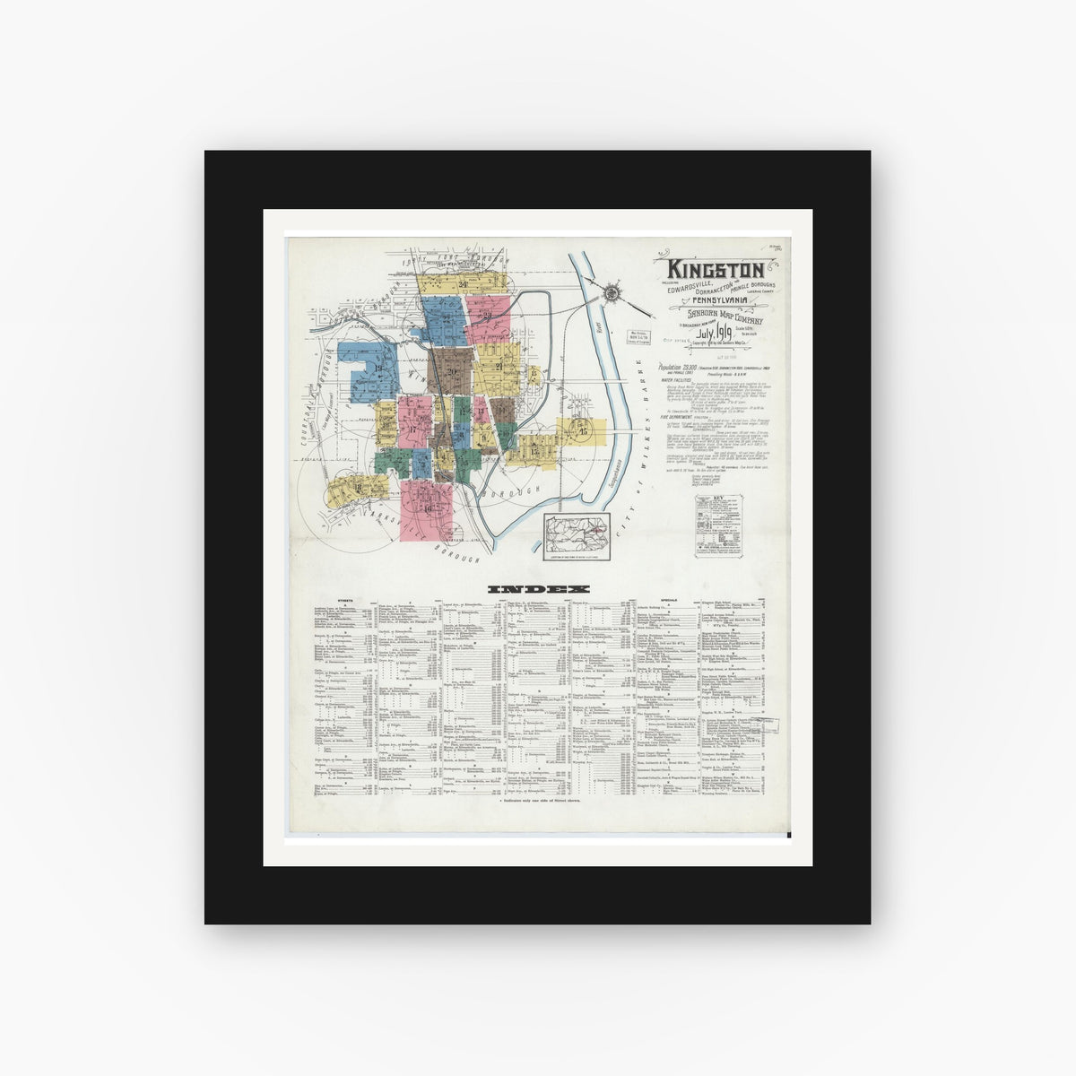 Old map wall art mockup — black gallery frame with white mat — Sanborn Fire Insurance Map from Kingston, Luzerne County, Pennsylvania (1919) - Complete Map Set