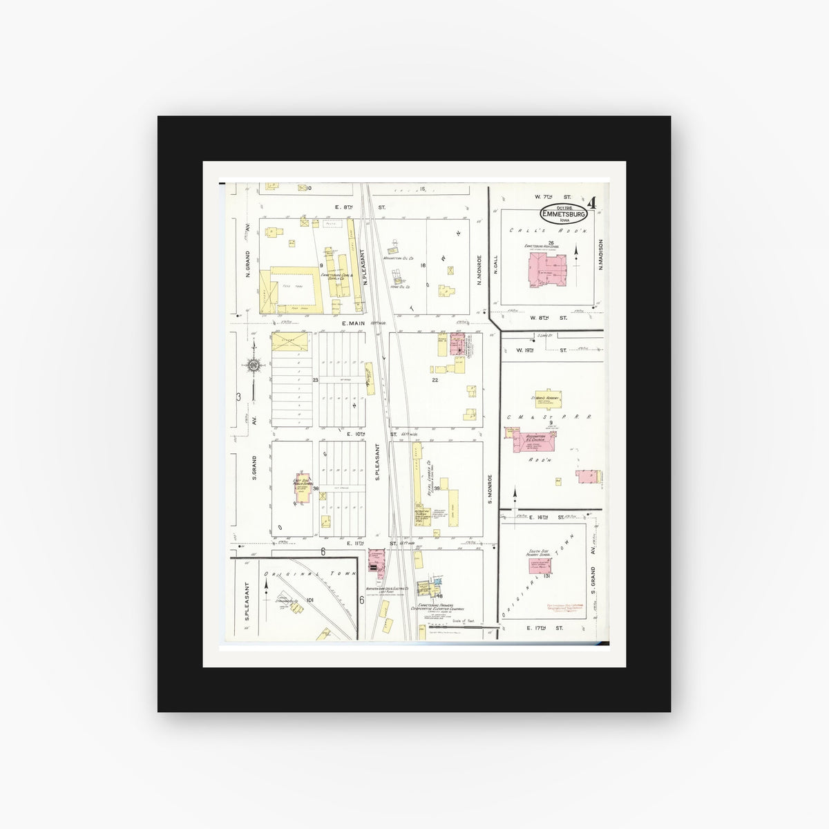 Old map wall art mockup — black gallery frame with white mat — Sanborn Fire Insurance Map from Emmetsburg, Palo Alto County, Iowa (1916), Sheet #0004