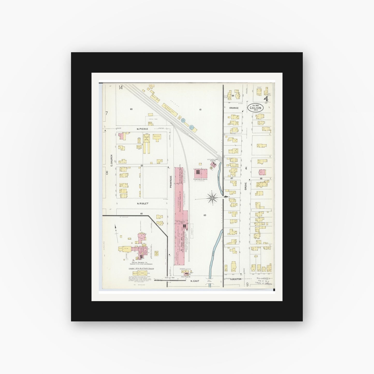 Old map wall art mockup — black gallery frame with white mat — Sanborn Fire Insurance Map from Galion, Crawford County, Ohio (1907), Sheet #0004