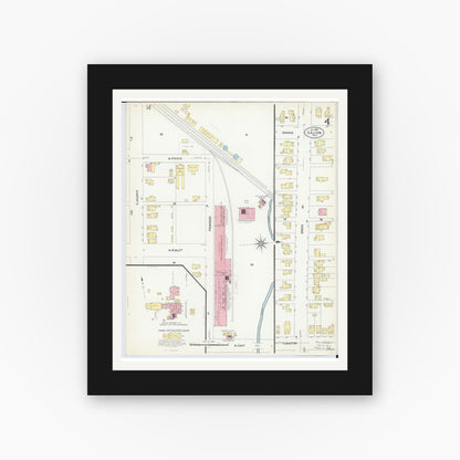 Old map wall art mockup — black gallery frame with white mat — Sanborn Fire Insurance Map from Galion, Crawford County, Ohio (1907), Sheet #0004