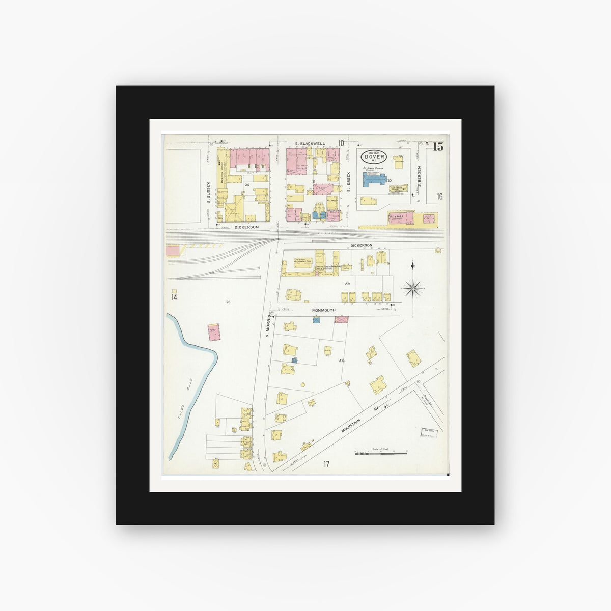 Old map wall art mockup — black gallery frame with white mat — Sanborn Fire Insurance Map from Dover, Morris County, New Jersey (1909), Sheet #0015
