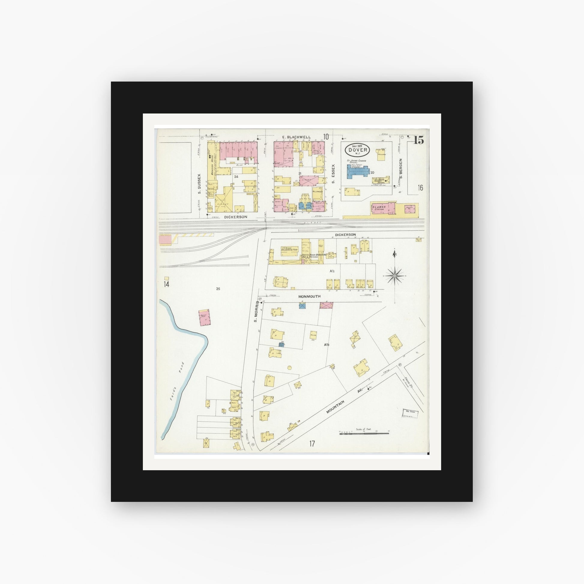 Old map wall art mockup — black gallery frame with white mat — Sanborn Fire Insurance Map from Dover, Morris County, New Jersey (1909), Sheet #0015