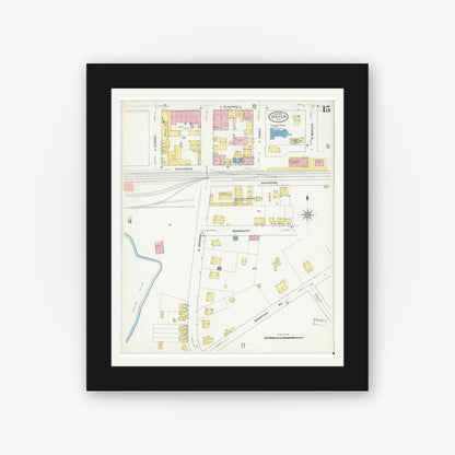 Old map wall art mockup — black gallery frame with white mat — Sanborn Fire Insurance Map from Dover, Morris County, New Jersey (1909), Sheet #0015
