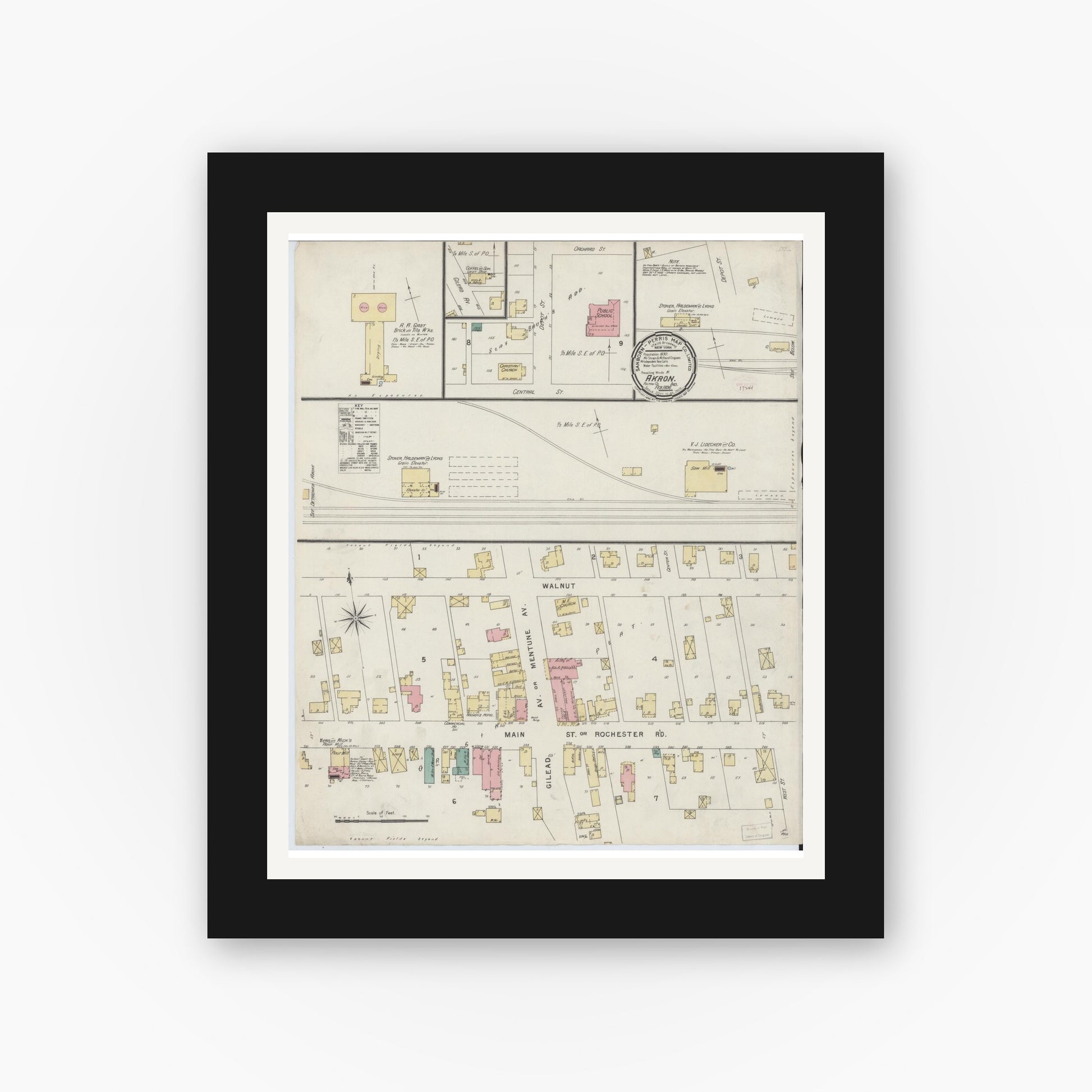 Old map wall art mockup — black gallery frame with white mat — Sanborn Fire Insurance Map from Akron, Fulton County, Indiana (1896), Sheet #0001