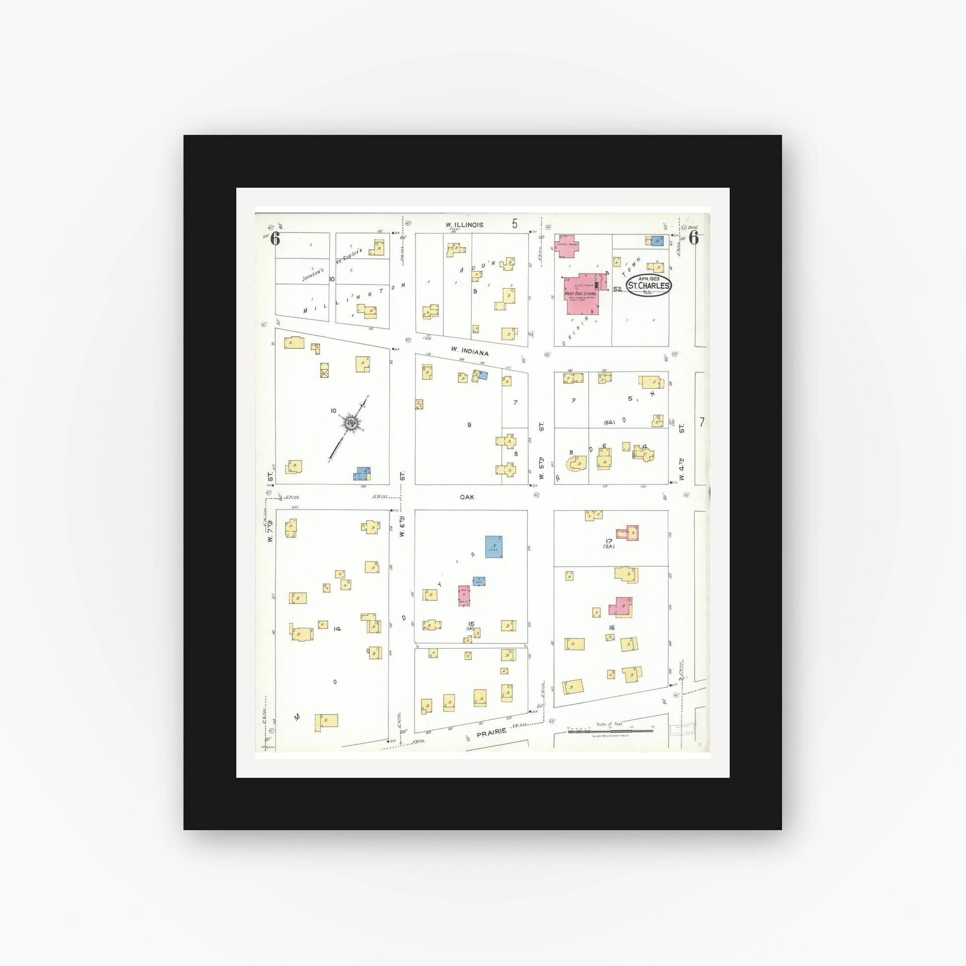 Old map wall art mockup — black gallery frame with white mat — Sanborn Fire Insurance Map from Saint Charles, Kane County, Illinois (1923), Sheet #0006