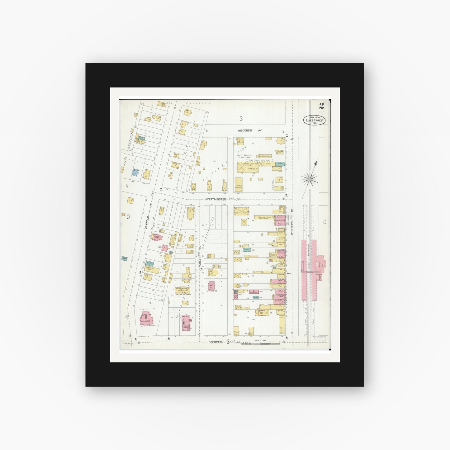 Old map wall art mockup — black gallery frame with white mat — Sanborn Fire Insurance Map from Lake Forest, Lake County, Illinois (1904), Sheet #0002