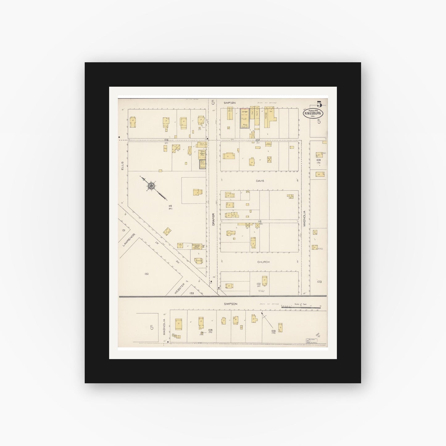 Old map wall art mockup — black gallery frame with white mat — Sanborn Fire Insurance Map from Kingsburg, Fresno County, California (1913), Sheet #0005