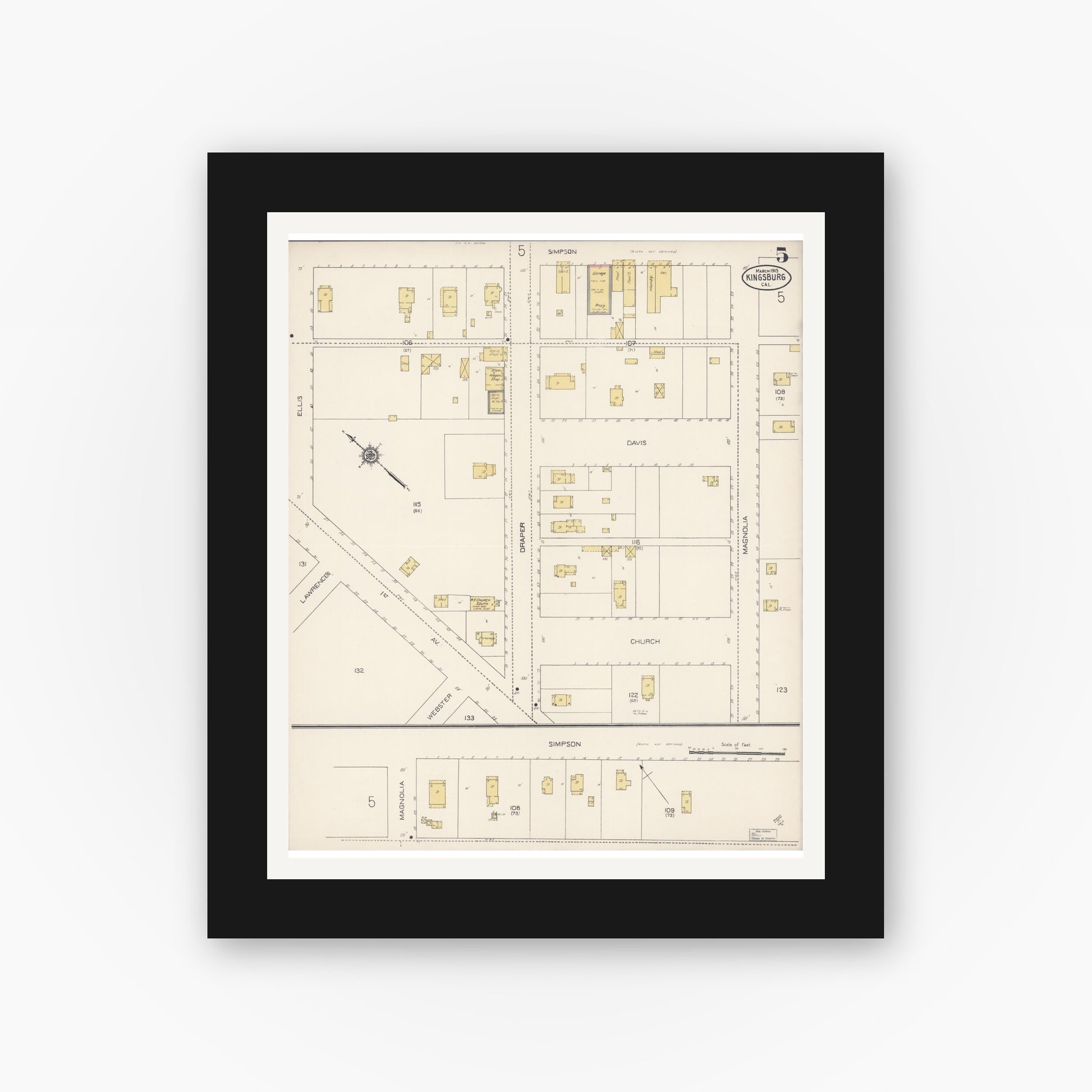 Old map wall art mockup — black gallery frame with white mat — Sanborn Fire Insurance Map from Kingsburg, Fresno County, California (1913), Sheet #0005