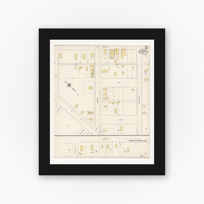 Old map wall art mockup — black gallery frame with white mat — Sanborn Fire Insurance Map from Kingsburg, Fresno County, California (1913), Sheet #0005
