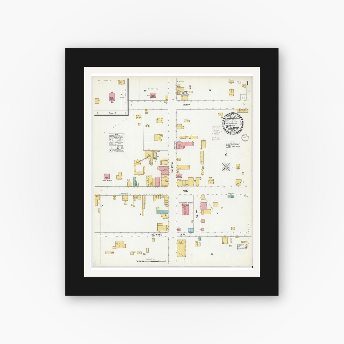 Old map wall art mockup — black gallery frame with white mat — Sanborn Fire Insurance Map from Hillsboro, Orange County, North Carolina (1900) - Complete Map Set