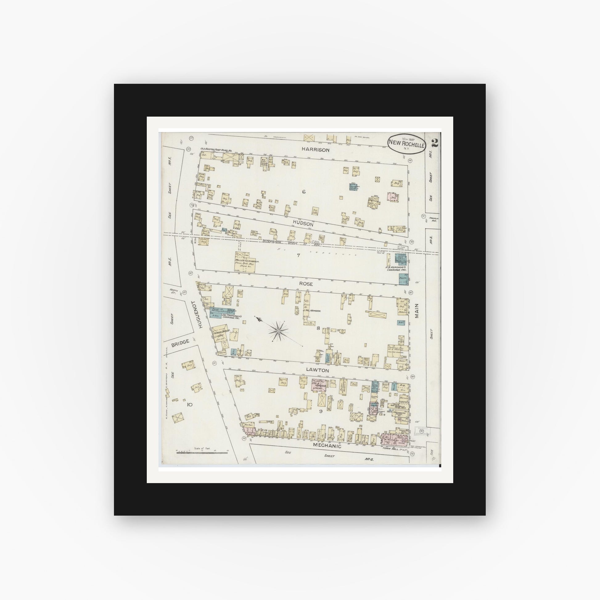 Old map wall art mockup — black gallery frame with white mat — Sanborn Fire Insurance Map from New Rochelle, Westchester County, New York (1887), Sheet #0002