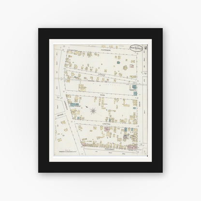 Old map wall art mockup — black gallery frame with white mat — Sanborn Fire Insurance Map from New Rochelle, Westchester County, New York (1887), Sheet #0002