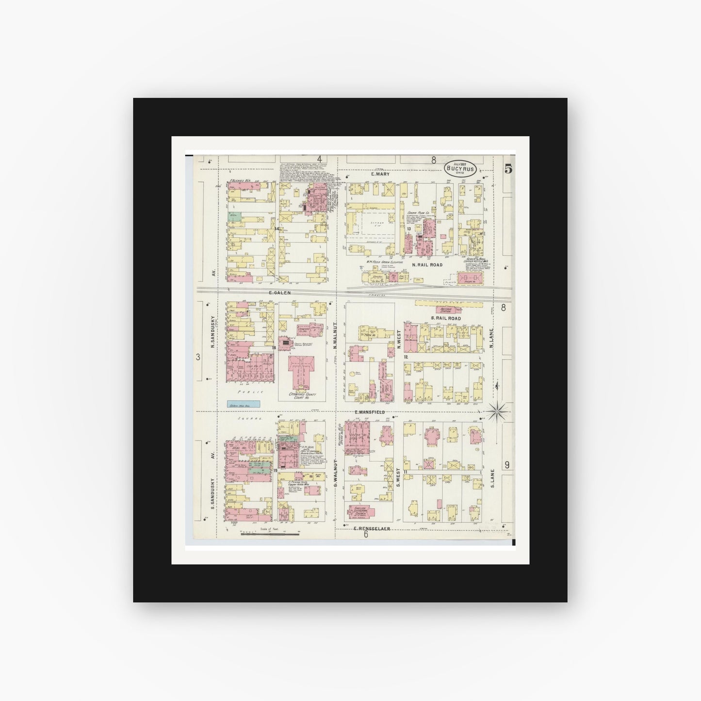 Old map wall art mockup — black gallery frame with white mat — Sanborn Fire Insurance Map from Bucyrus, Crawford County, Ohio (1897), Sheet #0005