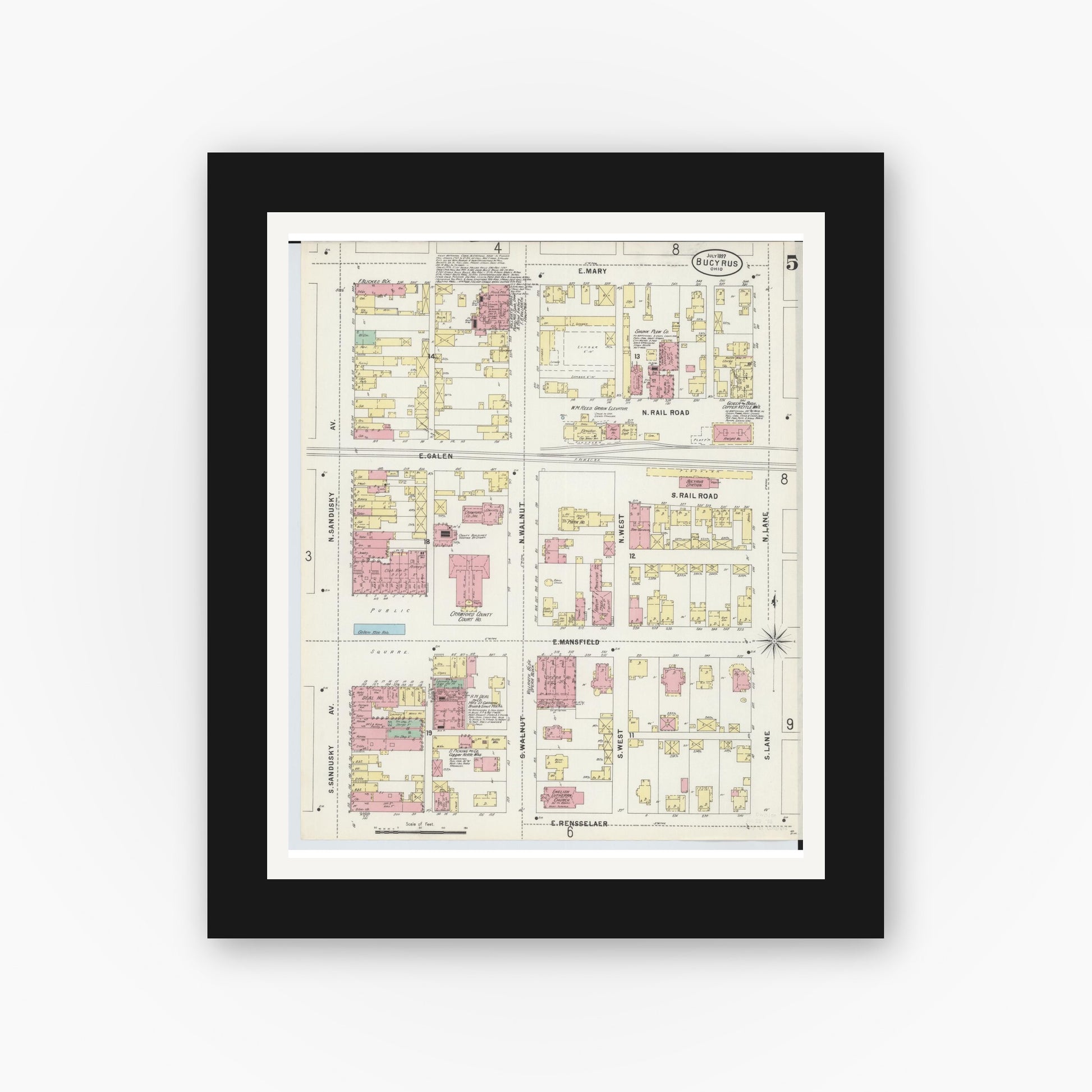 Old map wall art mockup — black gallery frame with white mat — Sanborn Fire Insurance Map from Bucyrus, Crawford County, Ohio (1897), Sheet #0005