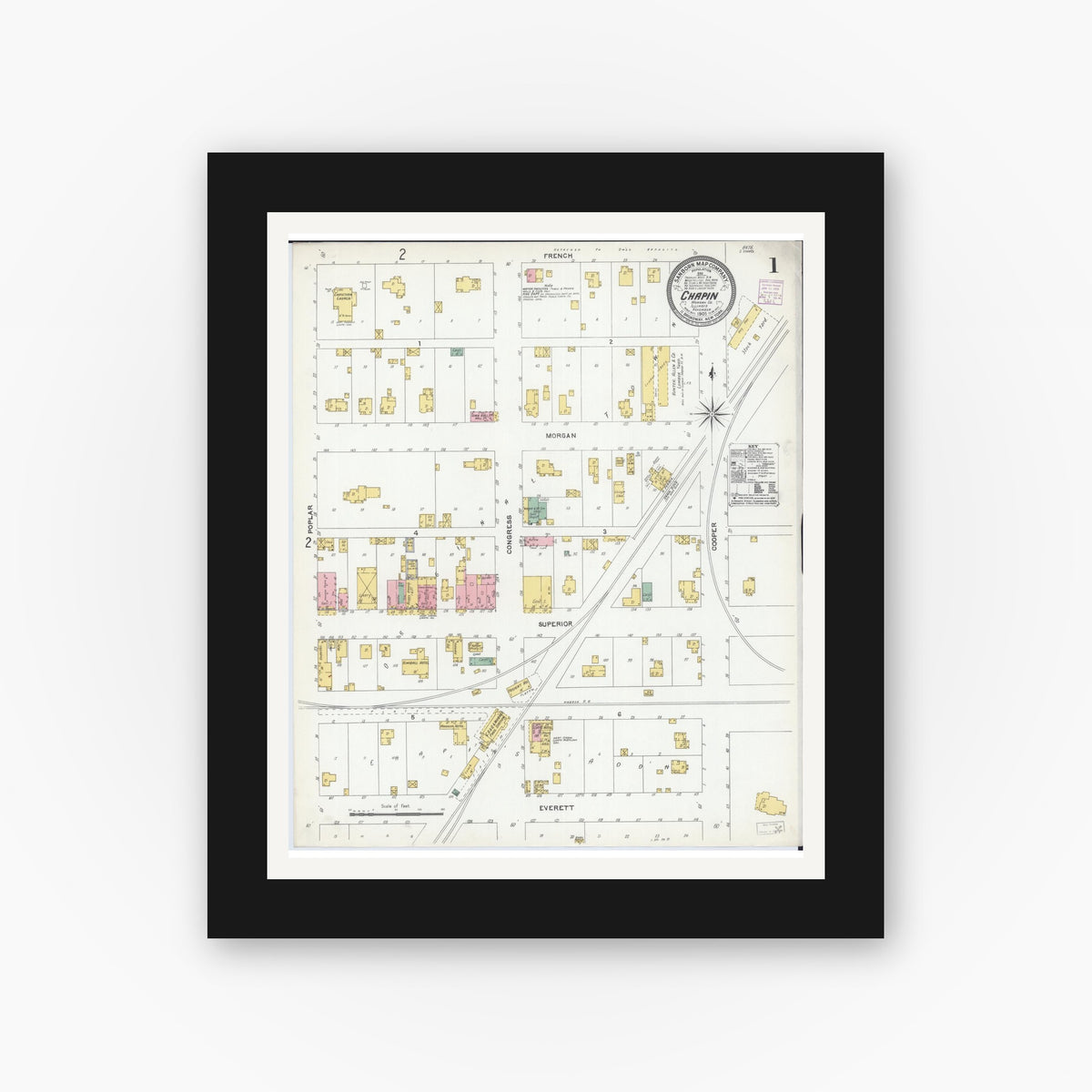 Old map wall art mockup — black gallery frame with white mat — Sanborn Fire Insurance Map from Chapin, Morgan County, Illinois (1905) - Complete Map Set