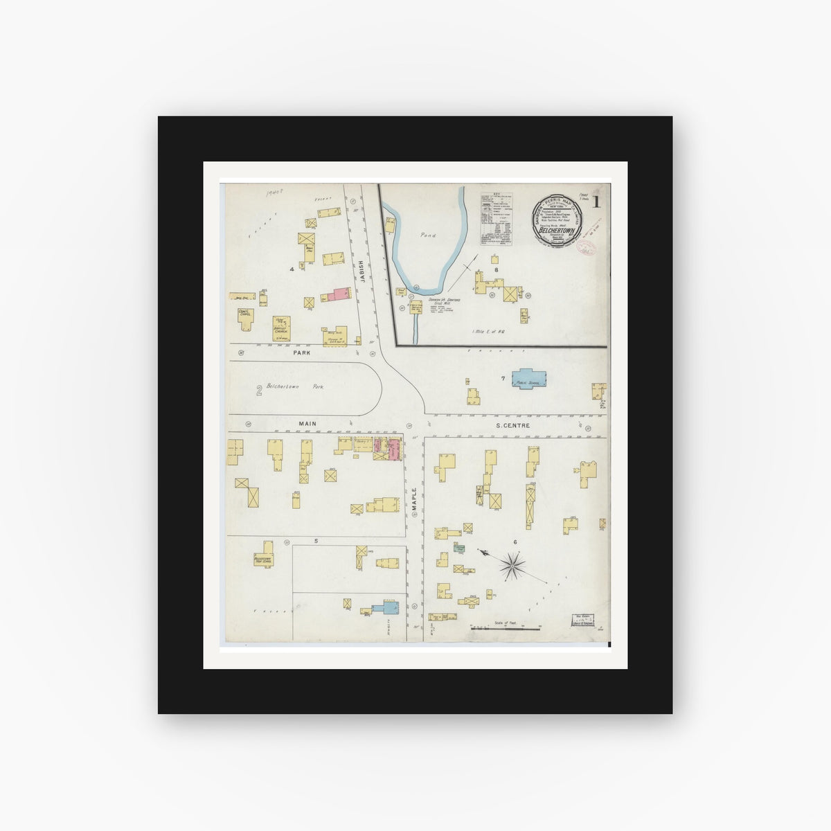 Old map wall art mockup — black gallery frame with white mat — Sanborn Fire Insurance Map from Belchertown, Hampshire County, Massachusetts (1895) - Complete Map Set