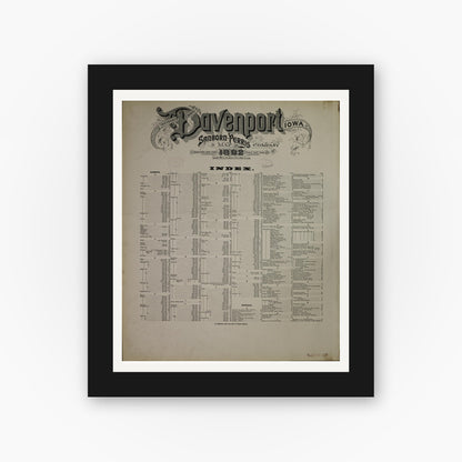 Old map wall art mockup — black gallery frame with white mat — Sanborn Fire Insurance Map from Davenport, Scott County, Iowa (1892), Sheet #0001