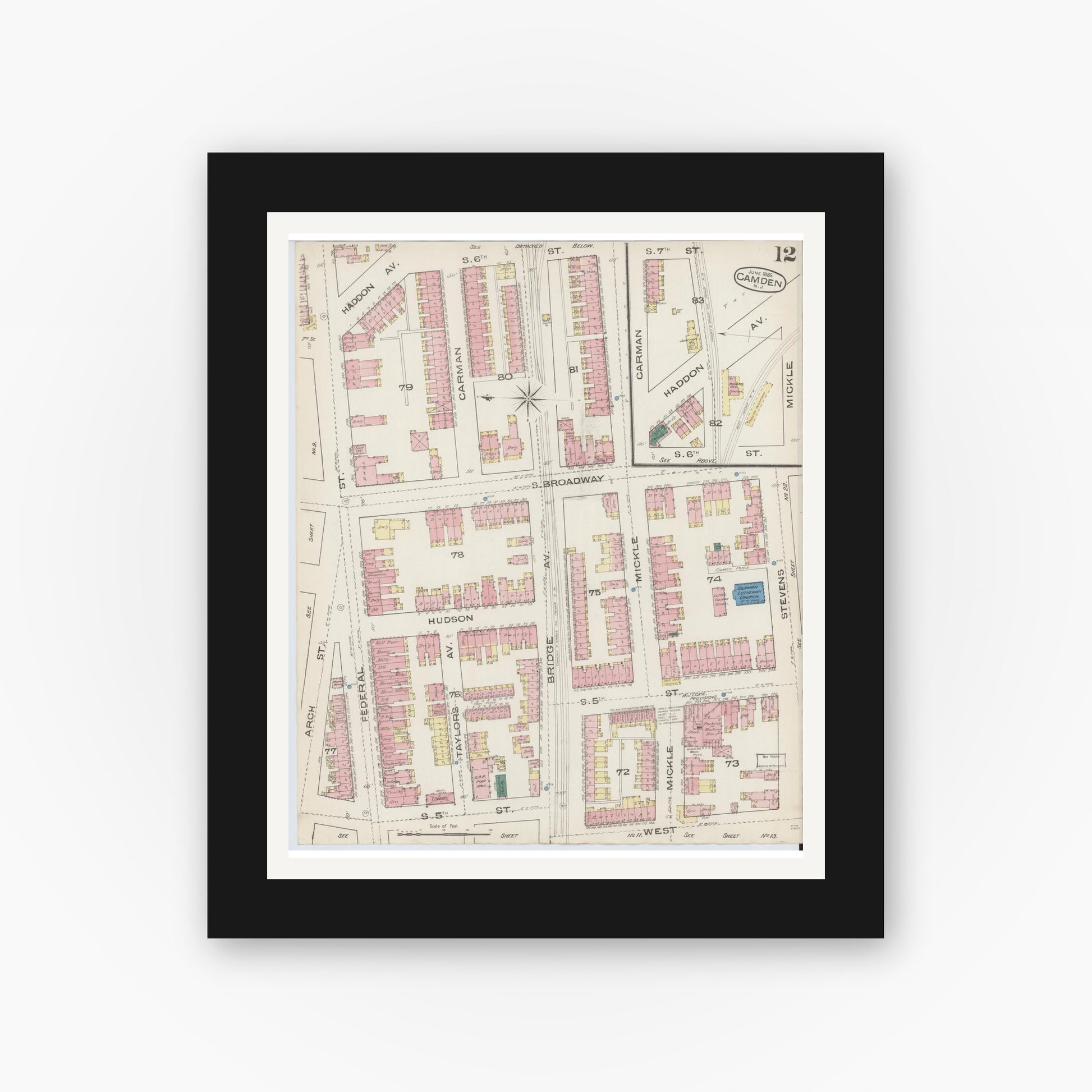 Old map wall art mockup — black gallery frame with white mat — Sanborn Fire Insurance Map from Camden, Camden County, New Jersey (1885), Sheet #0012
