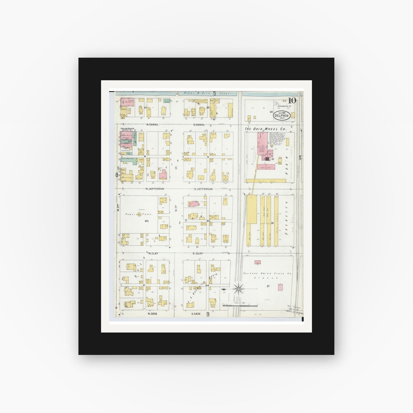 Old map wall art mockup — black gallery frame with white mat — Sanborn Fire Insurance Map from Delphos, Van Wert And Allen Counties, Ohio (1899), Sheet #0010