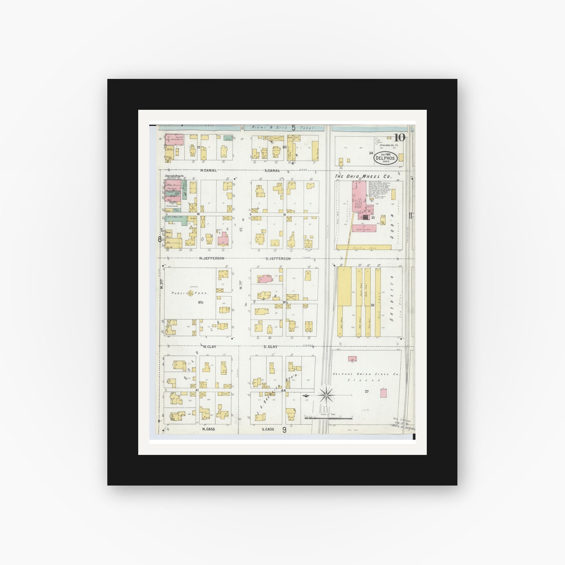 Old map wall art mockup — black gallery frame with white mat — Sanborn Fire Insurance Map from Delphos, Van Wert And Allen Counties, Ohio (1899), Sheet #0010