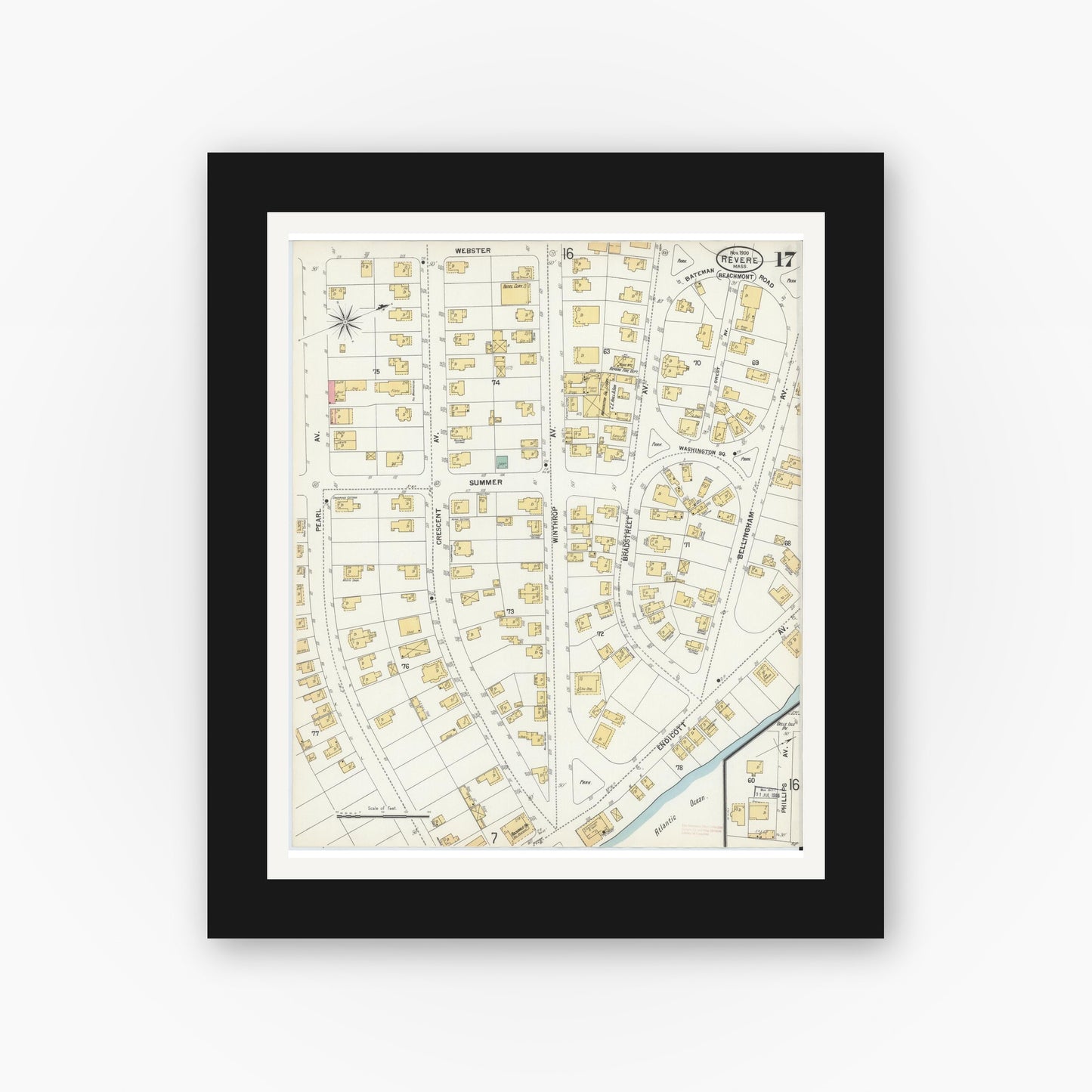 Old map wall art mockup — black gallery frame with white mat — Sanborn Fire Insurance Map from Revere, Suffolk County, Massachusetts (1900), Sheet #0017