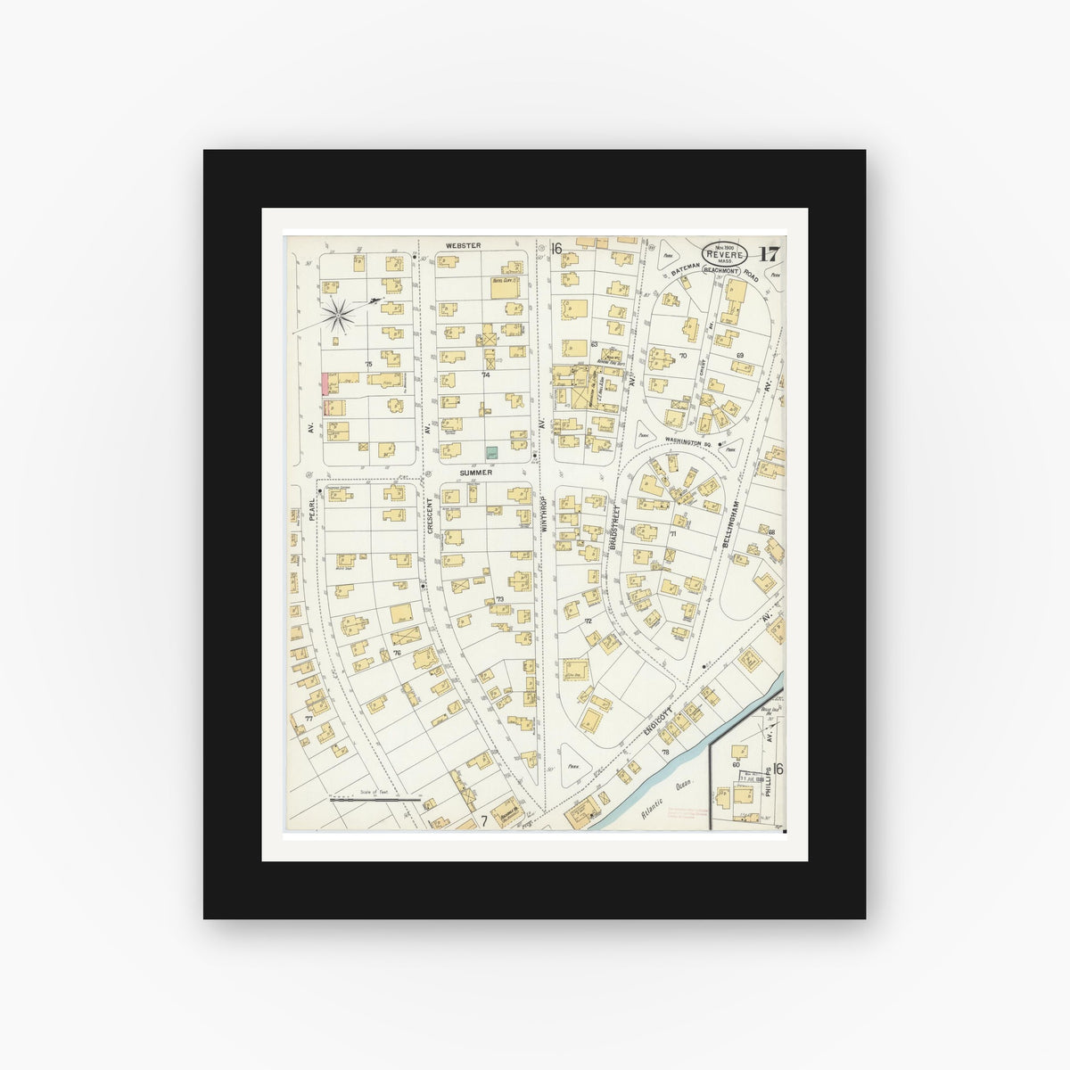 Old map wall art mockup — black gallery frame with white mat — Sanborn Fire Insurance Map from Revere, Suffolk County, Massachusetts (1900), Sheet #0017