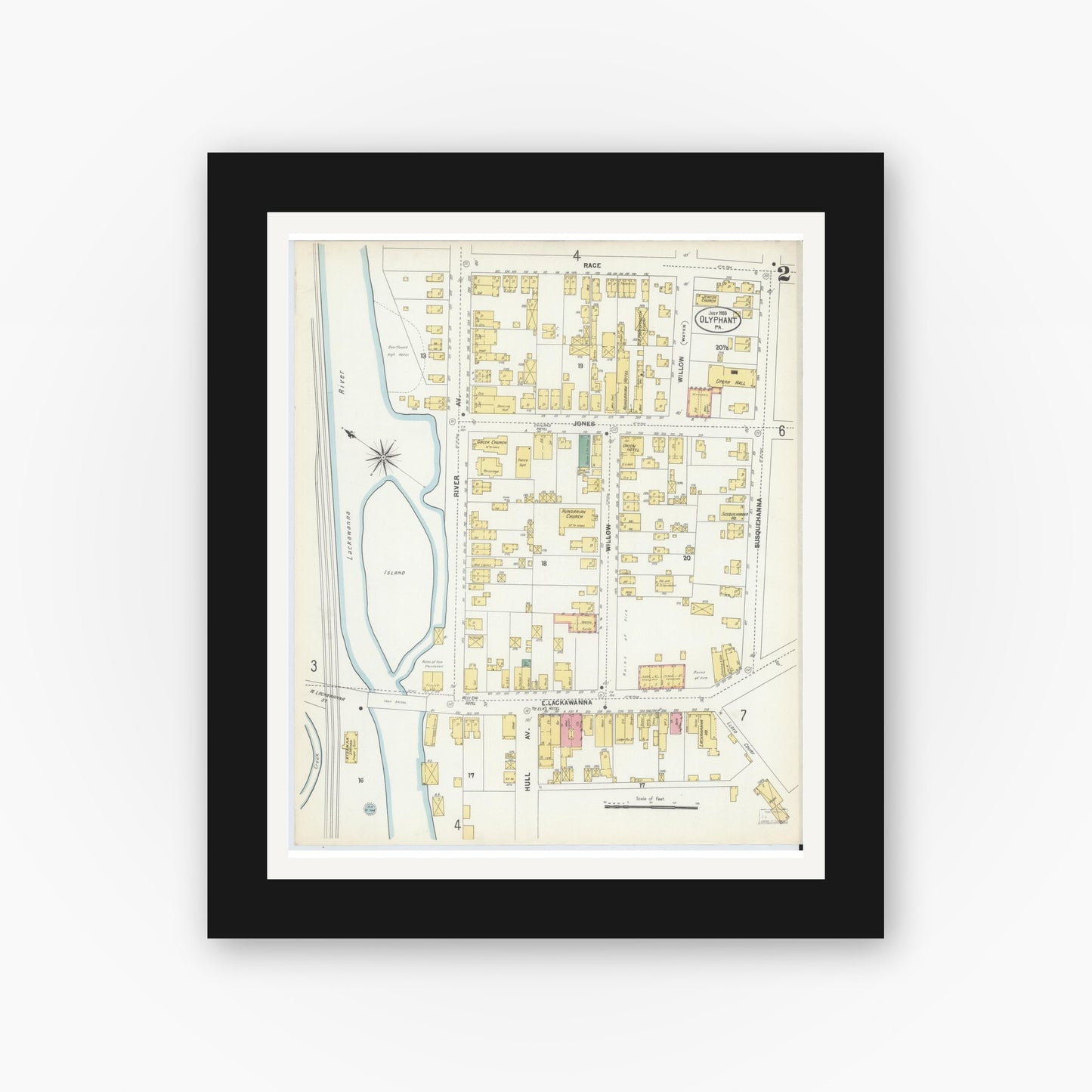 Old map wall art mockup — black gallery frame with white mat — Sanborn Fire Insurance Map from Olyphant, Lackawanna County, Pennsylvania (1903), Sheet #0002