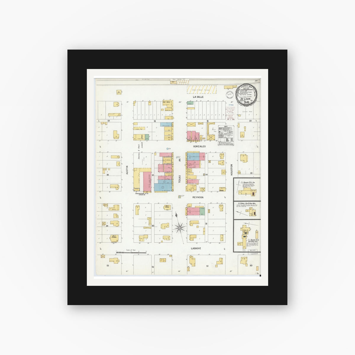 Old map wall art mockup — black gallery frame with white mat — Sanborn Fire Insurance Map from De Leon, Comanche County, Texas (1900), Sheet #0001