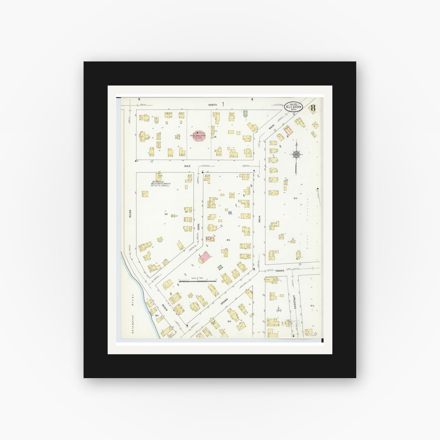 Old map wall art mockup — black gallery frame with white mat — Sanborn Fire Insurance Map from Allegan, Allegan County, Michigan (1911), Sheet #0008