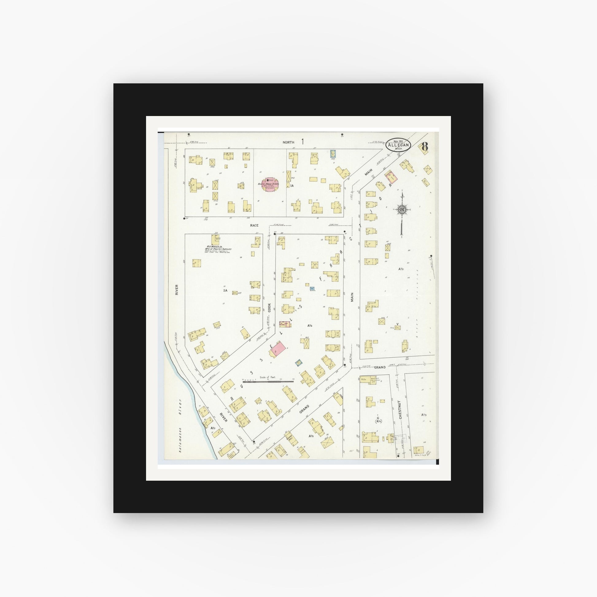 Old map wall art mockup — black gallery frame with white mat — Sanborn Fire Insurance Map from Allegan, Allegan County, Michigan (1911), Sheet #0008