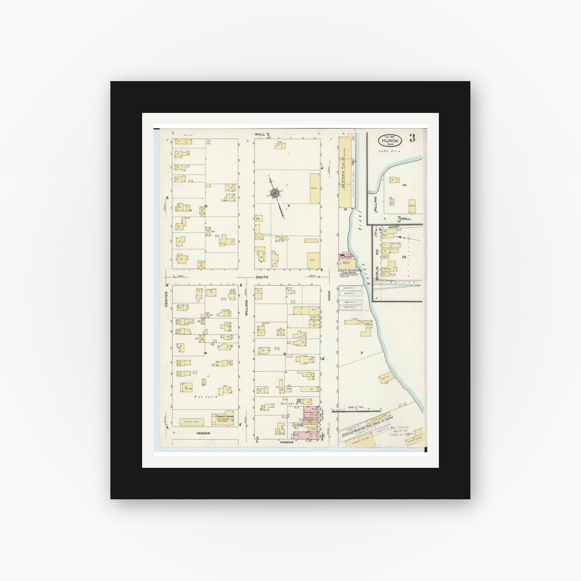 Old map wall art mockup — black gallery frame with white mat — Sanborn Fire Insurance Map from Huron, Erie County, Ohio (1910), Sheet #0003