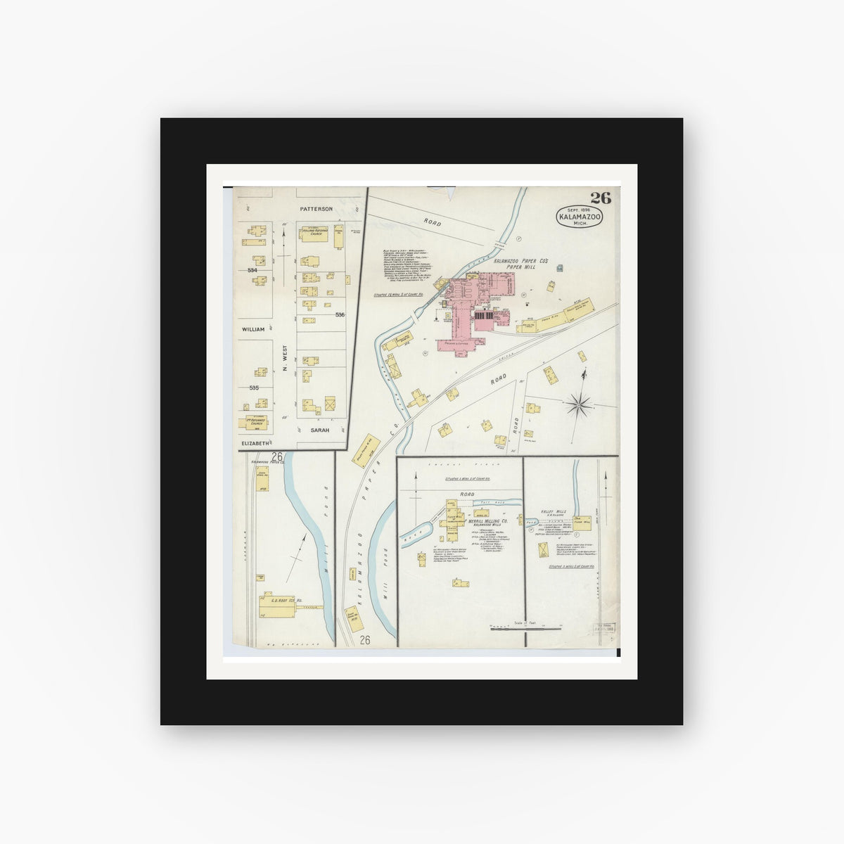 Old map wall art mockup — black gallery frame with white mat — Sanborn Fire Insurance Map from Kalamazoo, Kalamazoo County, Michigan (1896), Sheet #0026
