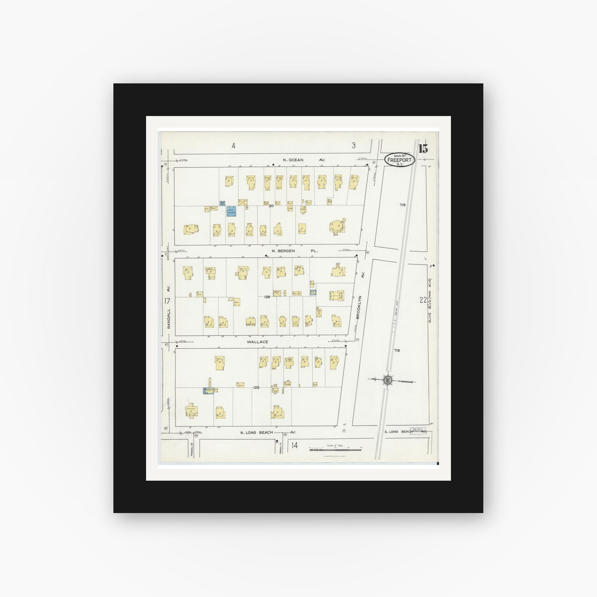 Old map wall art mockup — black gallery frame with white mat — Sanborn Fire Insurance Map from Freeport, Nassau County, New York (1917), Sheet #0015