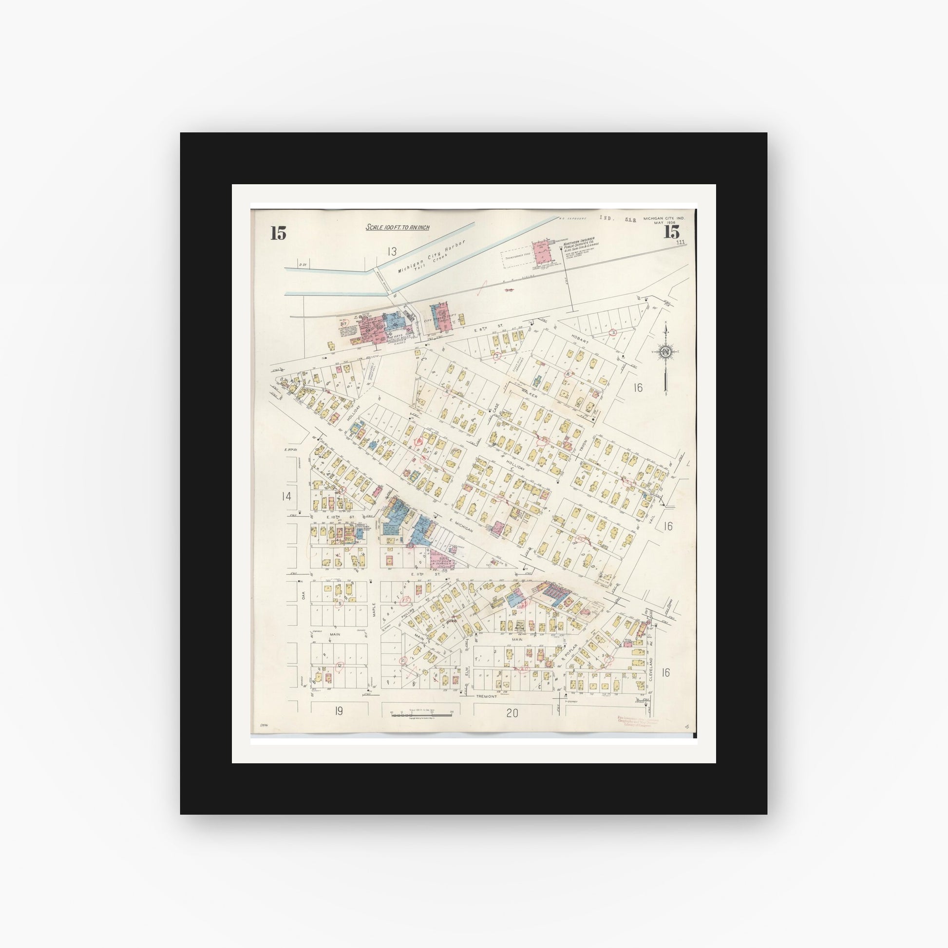 Old map wall art mockup — black gallery frame with white mat — Sanborn Fire Insurance Map from Michigan City, La Porte County, Indiana (1948), Sheet #0015