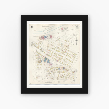 Old map wall art mockup — black gallery frame with white mat — Sanborn Fire Insurance Map from Michigan City, La Porte County, Indiana (1948), Sheet #0015