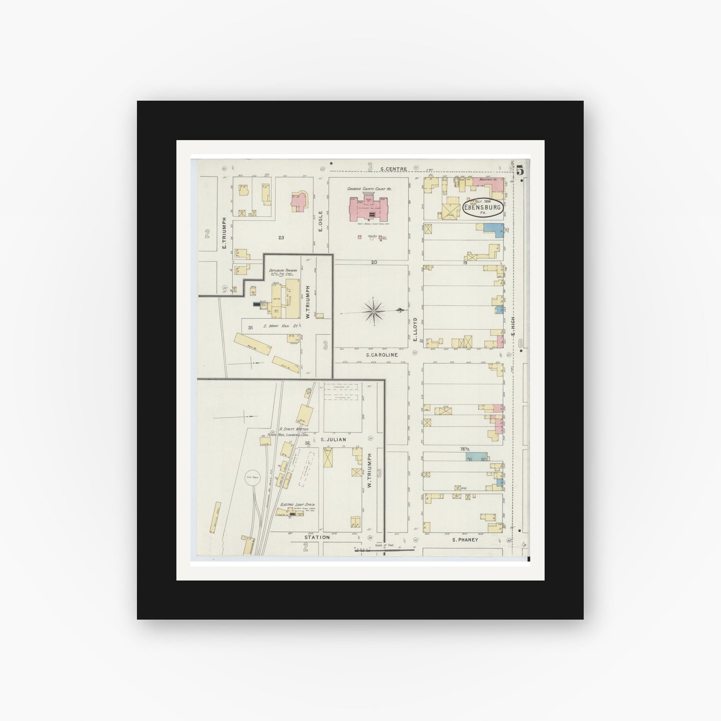 Old map wall art mockup — black gallery frame with white mat — Sanborn Fire Insurance Map from Ebensburg, Cambria County, Pennsylvania (1894), Sheet #0005