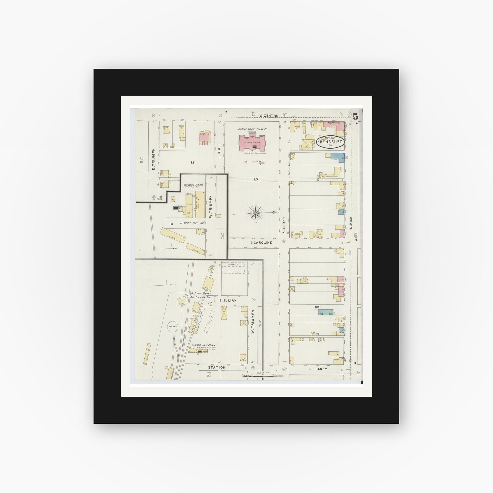 Old map wall art mockup — black gallery frame with white mat — Sanborn Fire Insurance Map from Ebensburg, Cambria County, Pennsylvania (1894), Sheet #0005