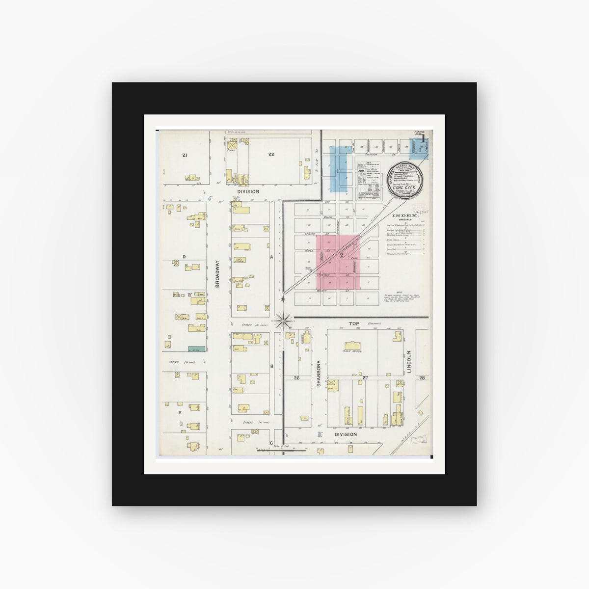 Old map wall art mockup — black gallery frame with white mat — Sanborn Fire Insurance Map from Coal City, Grundy County, Illinois (1892) - Complete Map Set