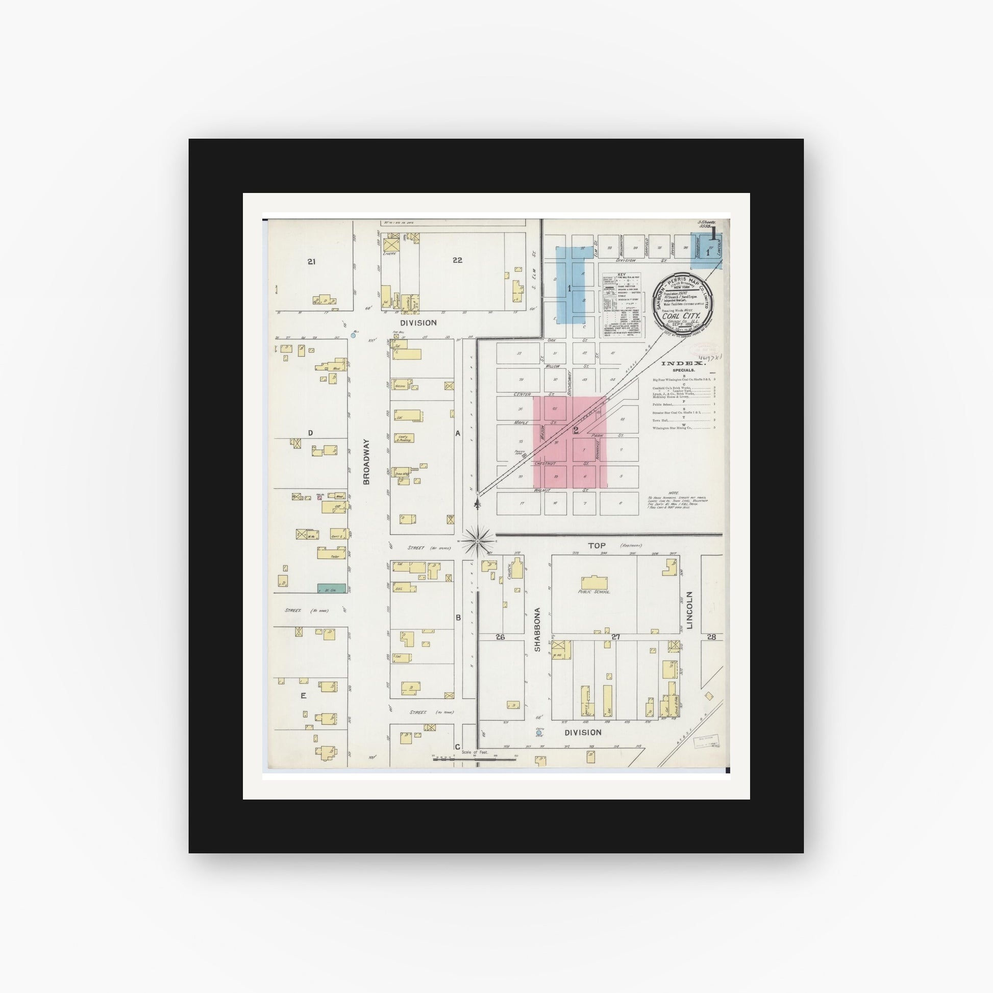 Old map wall art mockup — black gallery frame with white mat — Sanborn Fire Insurance Map from Coal City, Grundy County, Illinois (1892) - Complete Map Set
