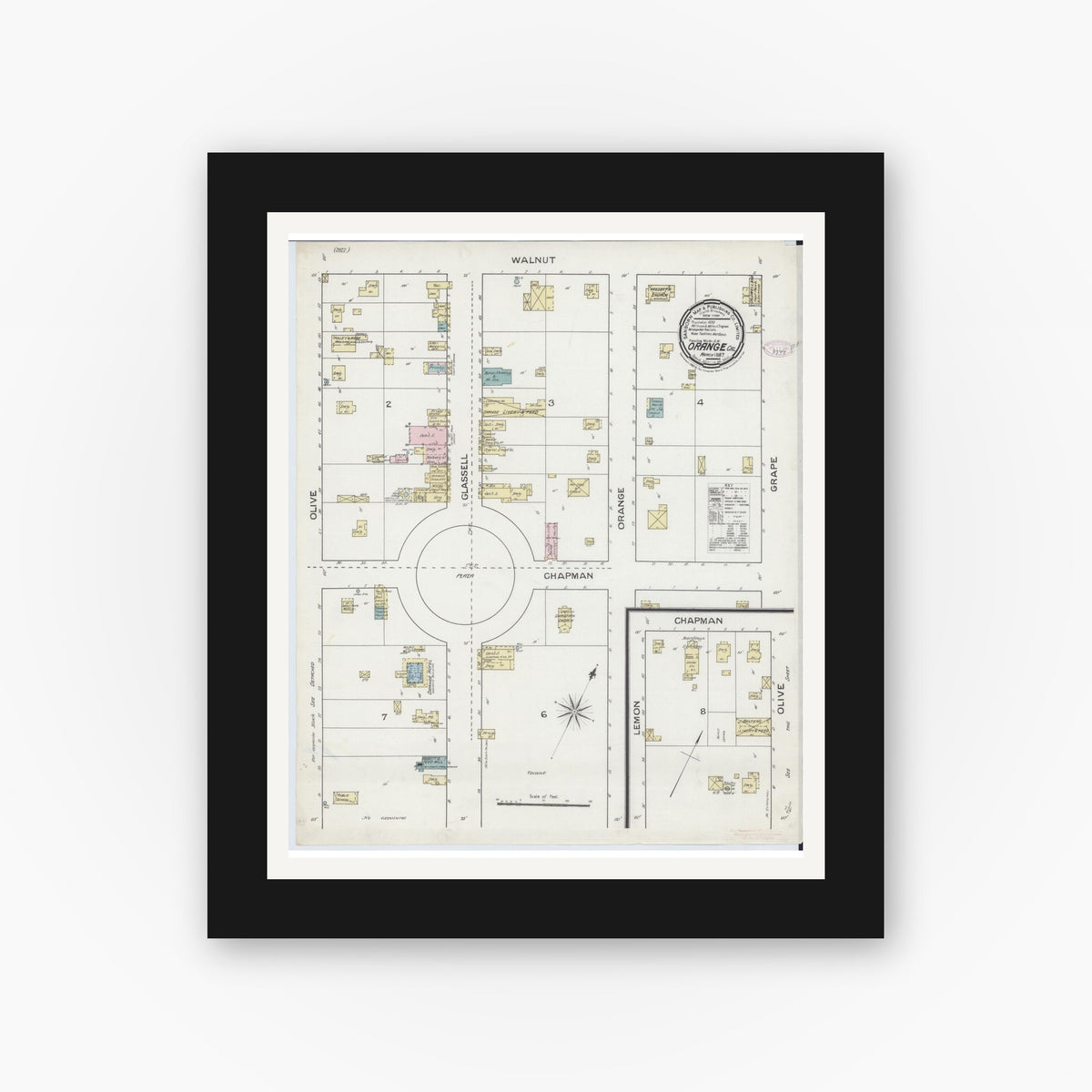 Old map wall art mockup — black gallery frame with white mat — Sanborn Fire Insurance Map from Orange, Orange County, California (1887), Sheet #0001