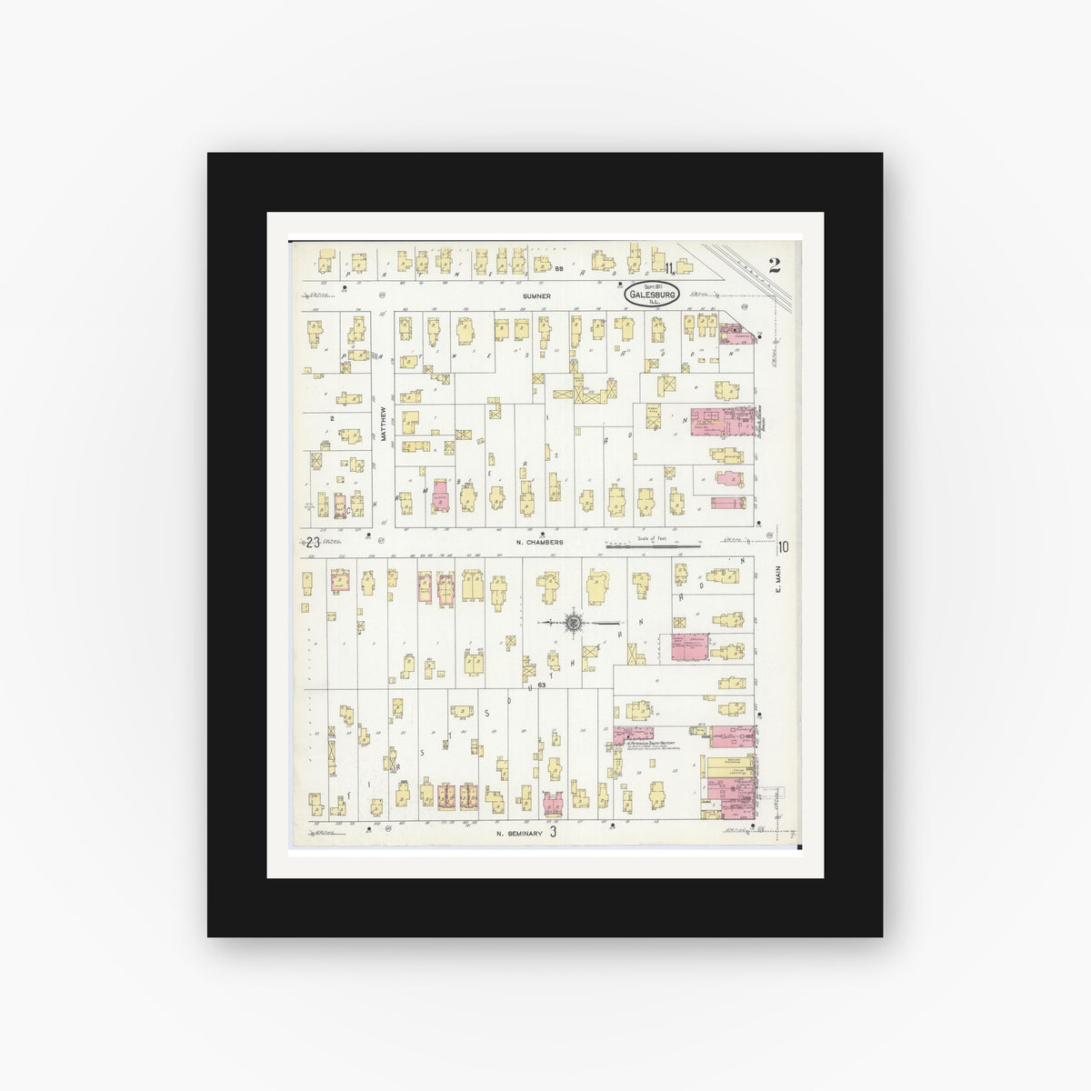 Old map wall art mockup — black gallery frame with white mat — Sanborn Fire Insurance Map from Galesburg, Knox County, Illinois (1911), Sheet #0002