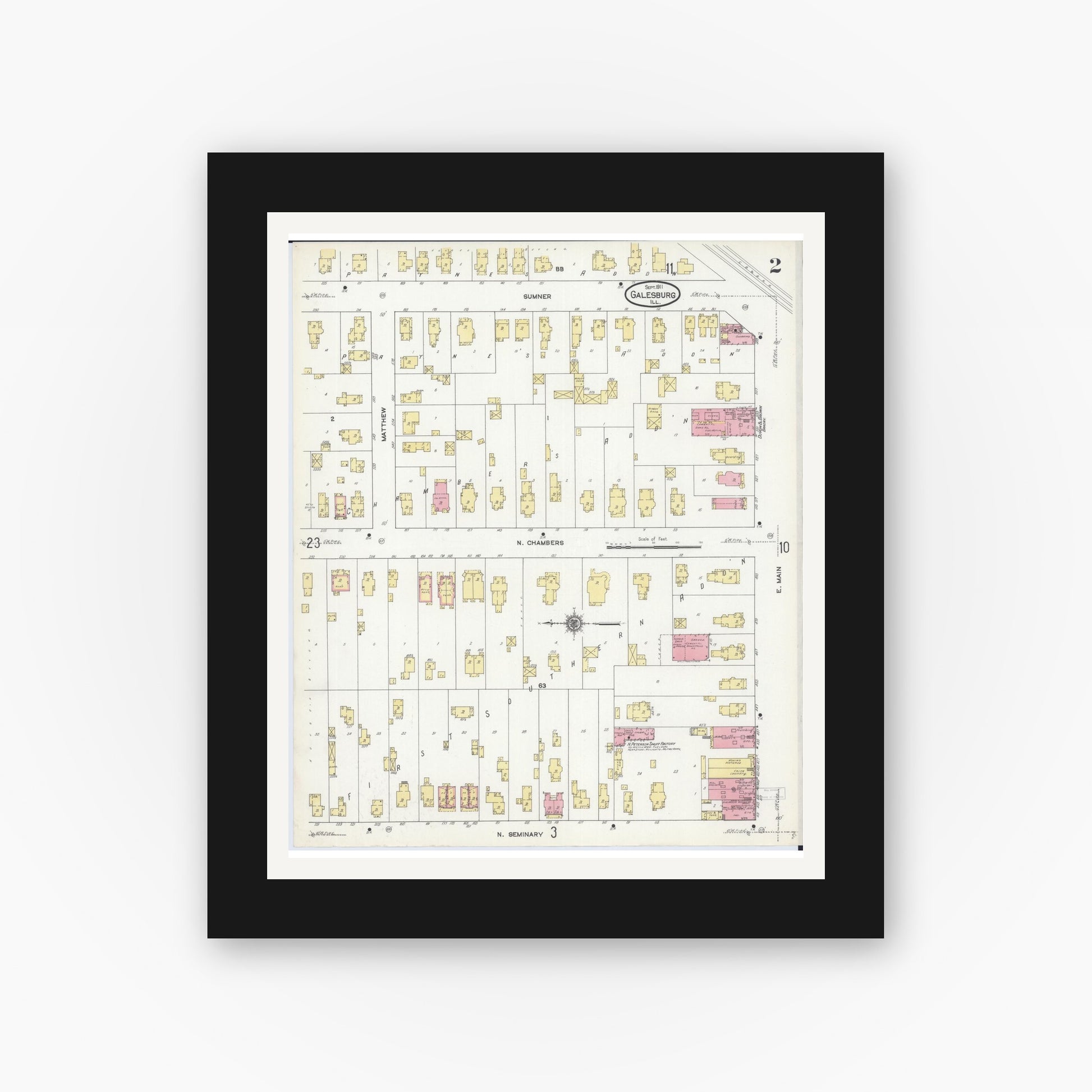 Old map wall art mockup — black gallery frame with white mat — Sanborn Fire Insurance Map from Galesburg, Knox County, Illinois (1911), Sheet #0002