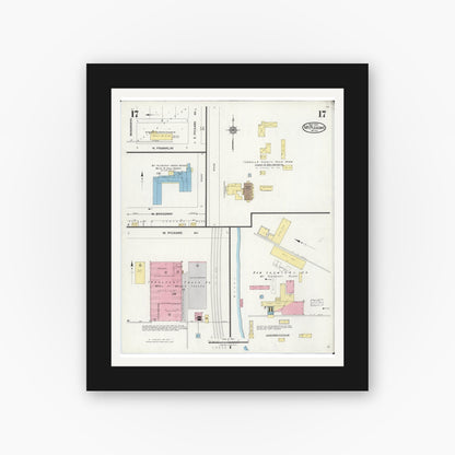 Old map wall art mockup — black gallery frame with white mat — Sanborn Fire Insurance Map from Mount Pleasant, Isabella County, Michigan (1924), Sheet #0017
