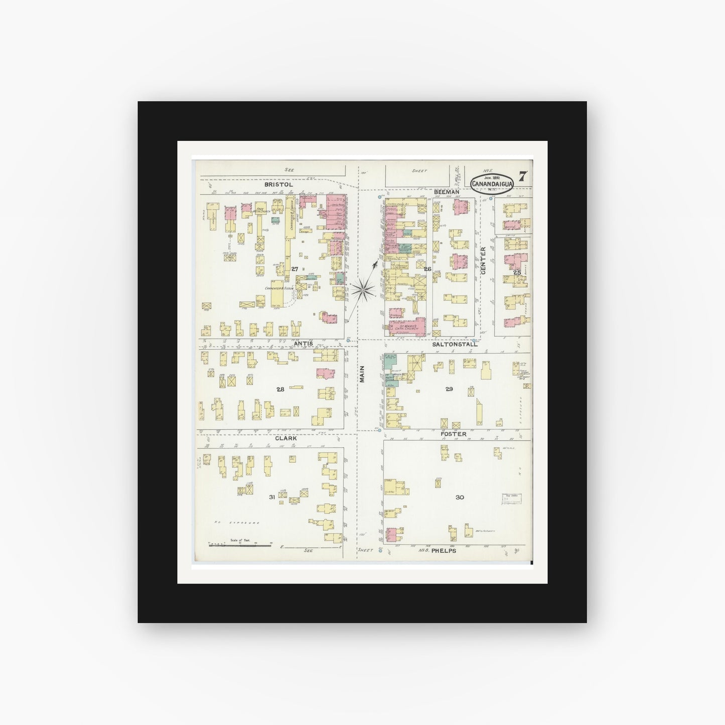 Old map wall art mockup — black gallery frame with white mat — Sanborn Fire Insurance Map from Canandaigua, Ontario County, New York (1892), Sheet #0007